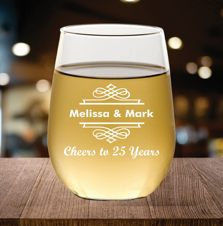 Personalized 12 pcs 25th Anniversary Stemless Wine Glass Favors, Custom 25 Years Favor, Engraved Wine Glasses, Wedding Anniversary Mom & Dad