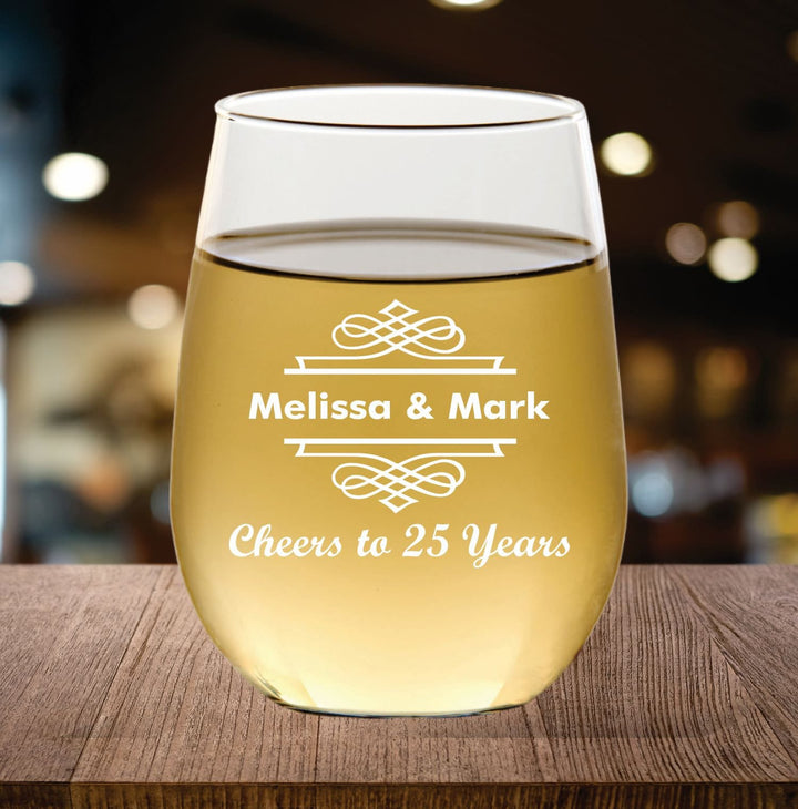 12 Pcs Stemless Wine Glass 25th Anniversary Favors, Anniversary Favor, Wine Glasses, Engraved Party Favors, Mom and Dad gifts, Husband Wife