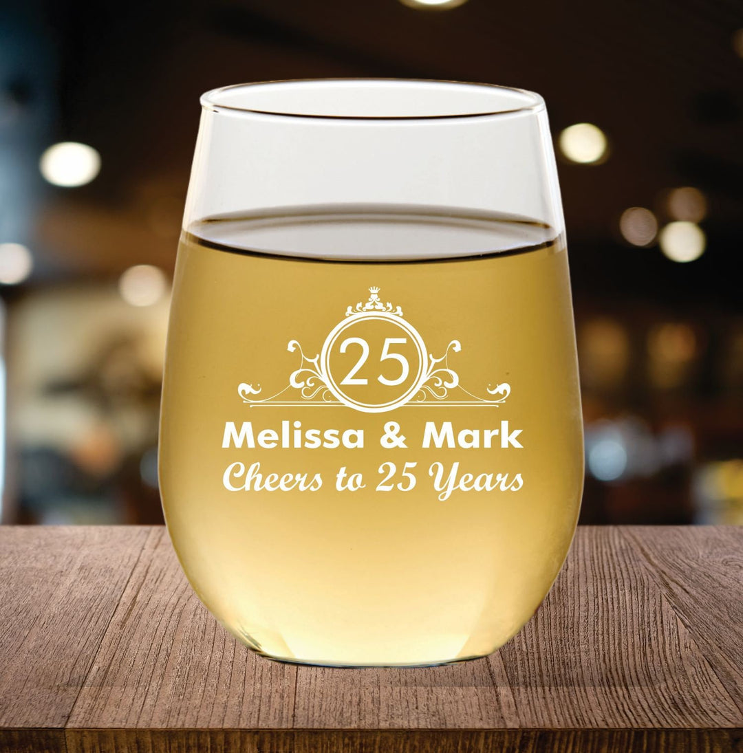 Personalized 12 pcs 25th Anniversary Stemless Wine Glass Favors, Custom 25 Years Favor, Engraved Wine Glasses, Wedding Anniversary Mom & Dad