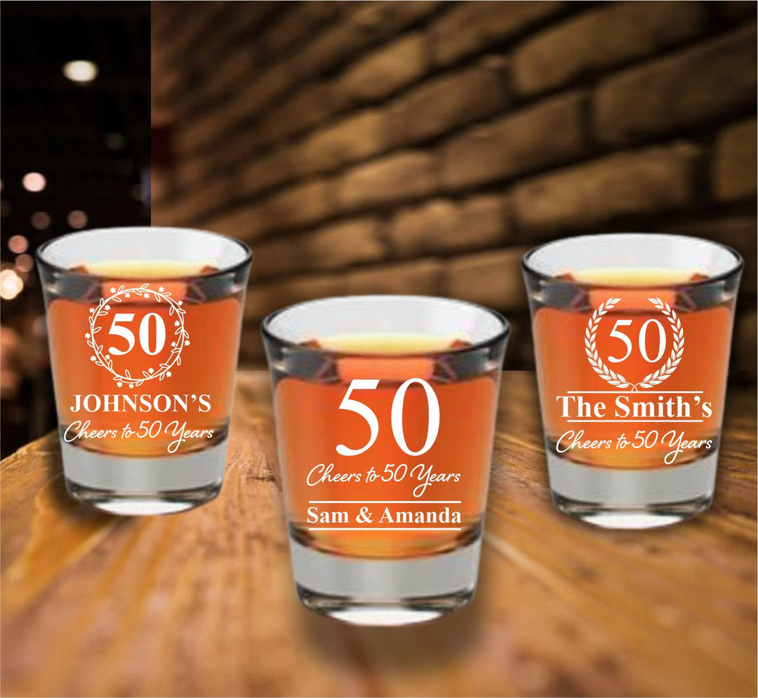 12 Pcs Shot Glass 50th Anniversary Favors, Unique Fiftieth Anniversary Favor, Shot Glasses, Engraved Party Favors, Cheers to 50 Years Gifts