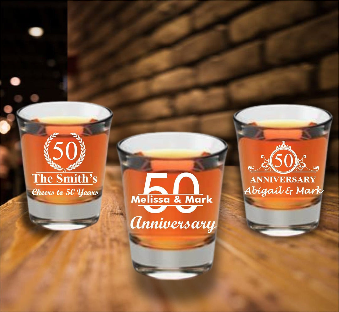 Set of 12 Custom 50th Anniversary Shot Glass Favors, Fiftieth Anniversary Favor, Engraved Shooter Glasses, 50 Years Party favor Gifts