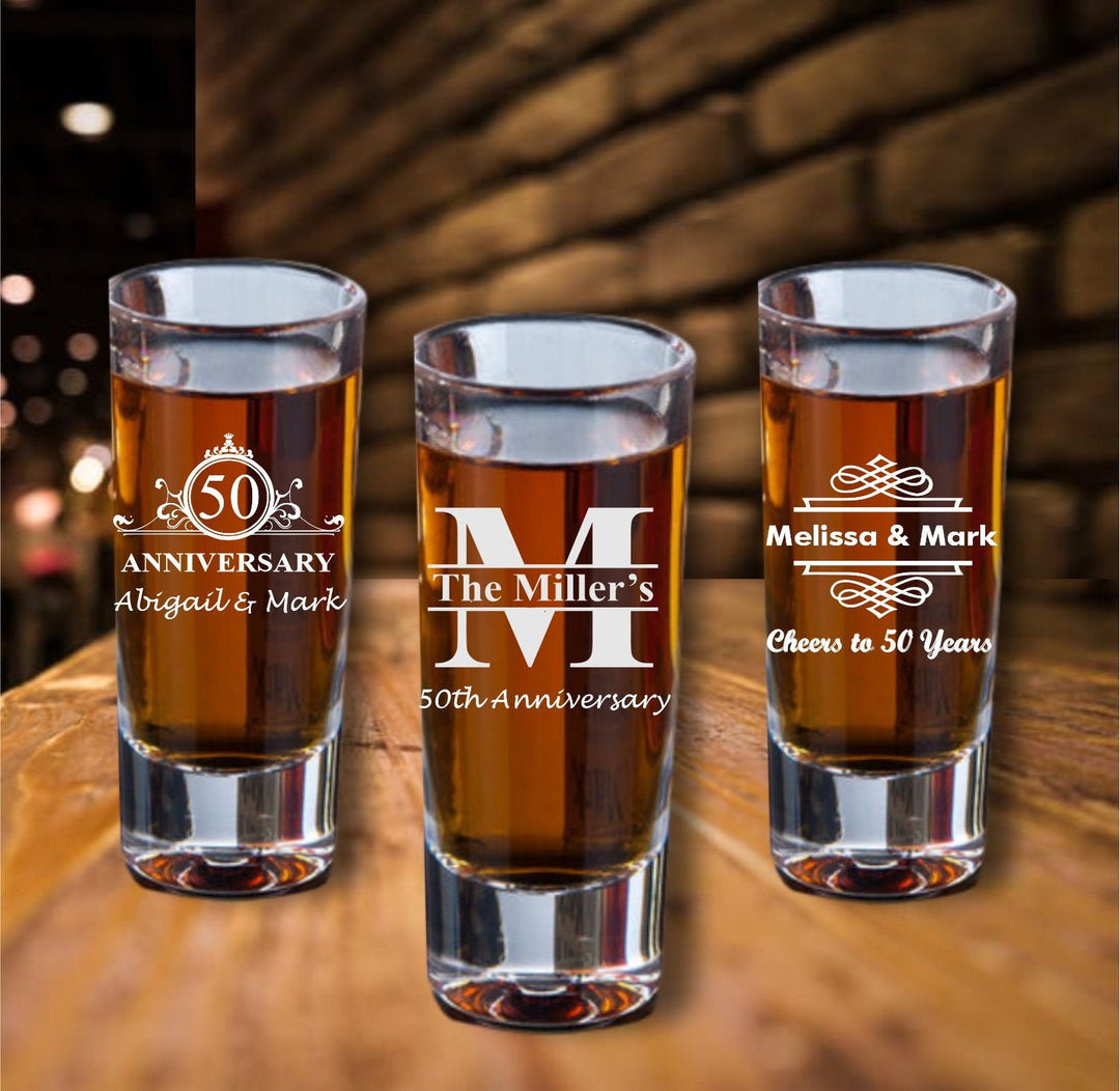 12 Pcs Tall Shot Glass 50th Anniversary Favors, Unique Fiftieth Anniversary Favor, Shooter Glasses, Engraved Party Favor, Cheers to 50 Years