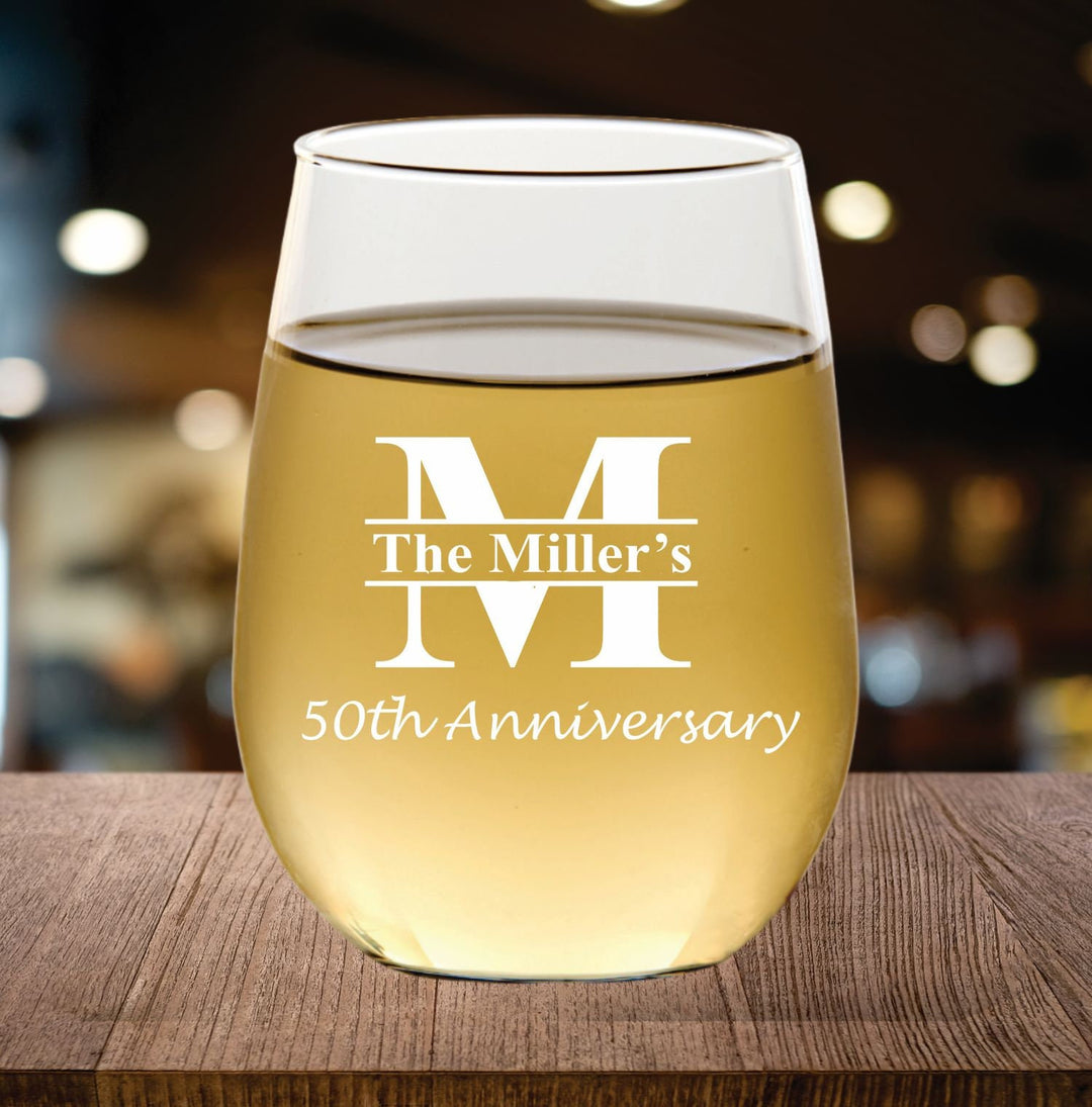 Personalized 12 pcs 50th Anniversary Stemless Wine Glass Favors, Custom 50 Years Favor, Engraved Wine Glasses, Wedding Anniversary Mom & Dad