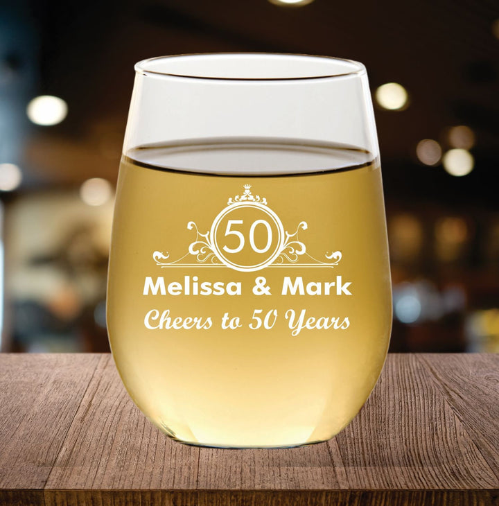 Personalized 12 pcs 50th Anniversary Stemless Wine Glass Favors, Custom 50 Years Favor, Engraved Wine Glasses, Wedding Anniversary Mom & Dad