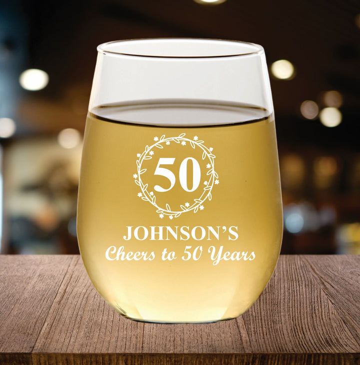 Personalized 12 pcs 50th Anniversary Stemless Wine Glass Favors, Custom 50 Years Favor, Engraved Wine Glasses, Wedding Anniversary Mom & Dad