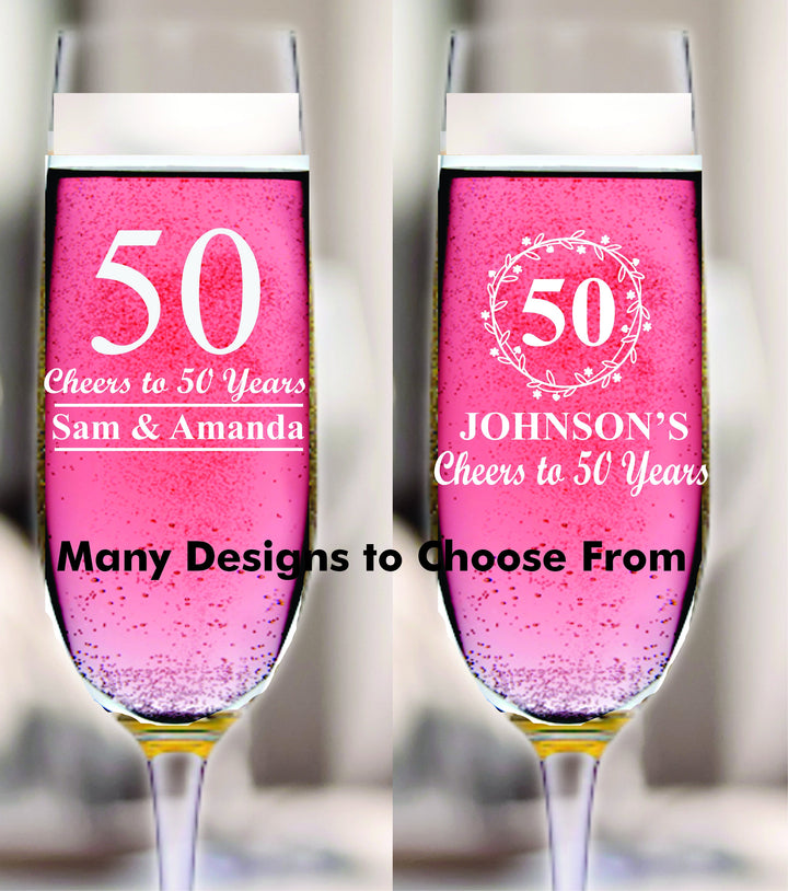 Personalized 12 pcs 50th Anniversary Stemmed Champagne Glass Favors, Custom 50 Years Favor, Engraved Champagne Flute, Wedding Anniversary