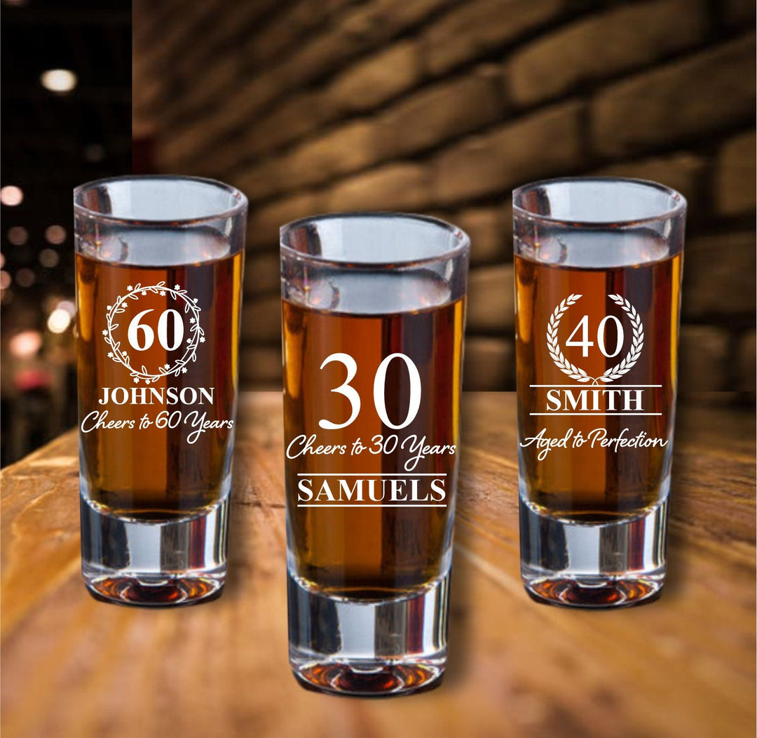 12 Pc Personalized Birthday Shot Glass Favors, Party Favor for Birthday, Shot Glasses, Engraved, Cheers to 30 Years, 30, 50, 60,21st for him