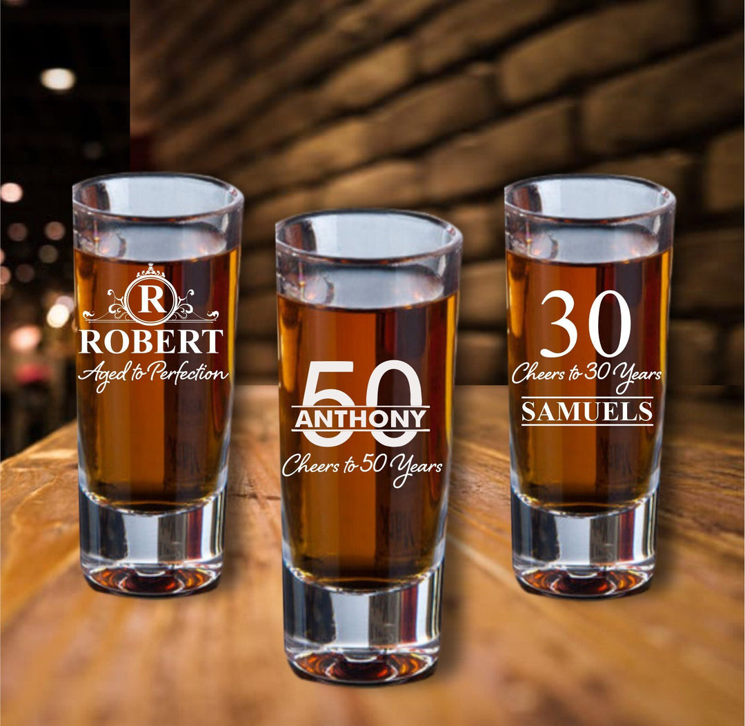 Custom Engraved 12 Pc set of Birthday Shot Glass Favors, Personalized Party Favor for Birthday, Shot Glasses, 40, 30th, 50th, 60th for him