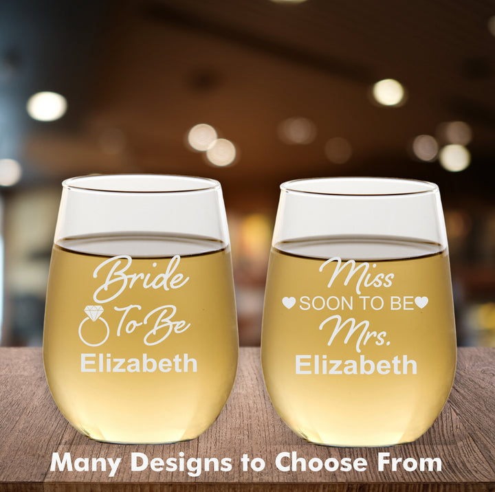 Set of 12 Custom Wedding Shower Wine Glass Favors, Future Mrs. Bridal Shower Favor, Engraved Stemless Wine Glasses, Wine Glass Party Favors