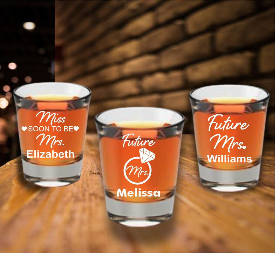 Custom Set of 12 Wedding Shower Shot Glass Favors, Future Mrs. Bridal Shower Favor, Engraved Shooter Glasses, Shot Glass Party Favors