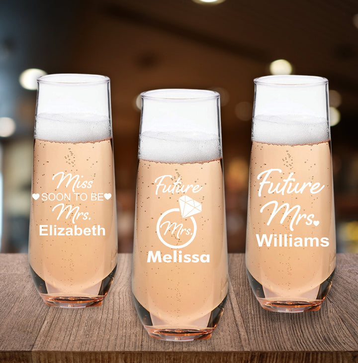 12 Pcs Personalized Wedding Shower Champagne Flute Favors, Miss to Mrs Bridal Shower Favor, Stemless Champagne Glasses, Wedding Party Favors