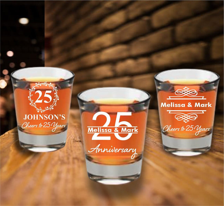 Set of 12 Custom 25th Anniversary Shot Glass Favors, Twenty Five Anniversary Favor, Engraved Shooter Glasses, 25 Years Party favor Gifts