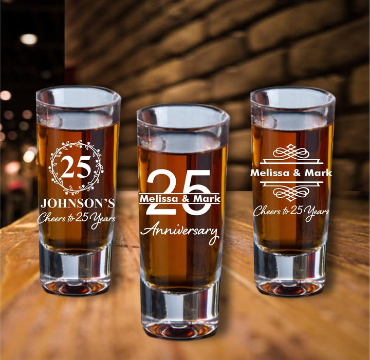 12 Pc Set Tall Shot Glass 25th Anniversary Favors, Unique Shot Glasses, Engraved Glass Party Favor, 25 Years Silver Wedding Anniversary