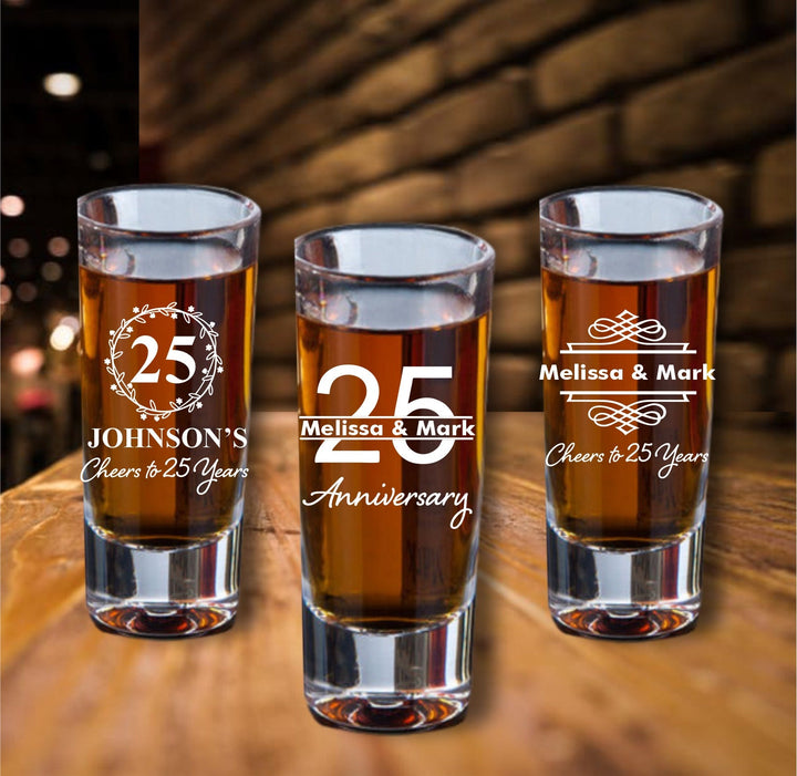 12 Pcs Personalized 25th Anniversary Shot Glass Favors, Cheers to 25 Years Favor, Shot Glasses, Party Favors, 25th Wedding Anniversary favor