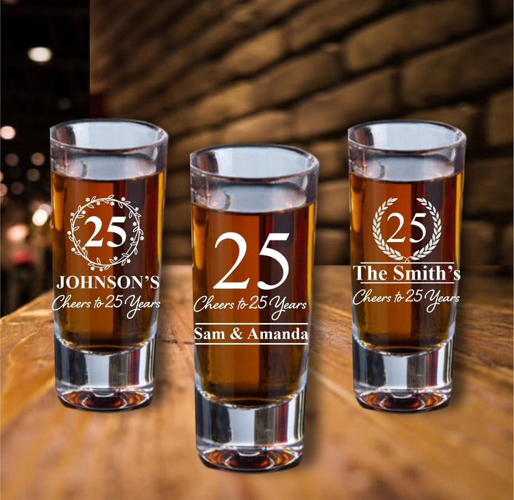 12 Pcs Personalized 25th Anniversary Shot Glass Favors, Cheers to 25 Years Favor, Shot Glasses, Party Favors, 25th Wedding Anniversary favor