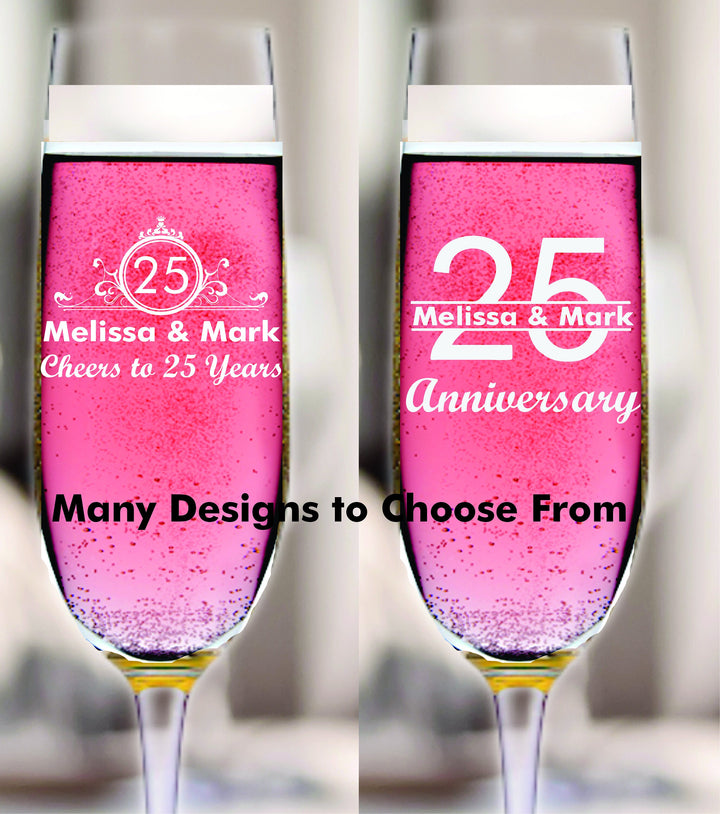 12 Pc Set Personalized 25th Anniversary Stem Champagne Glass Favors, 25 Years Favor, Champagne Flutes, Mom and Dad, Husband and Wife Favors