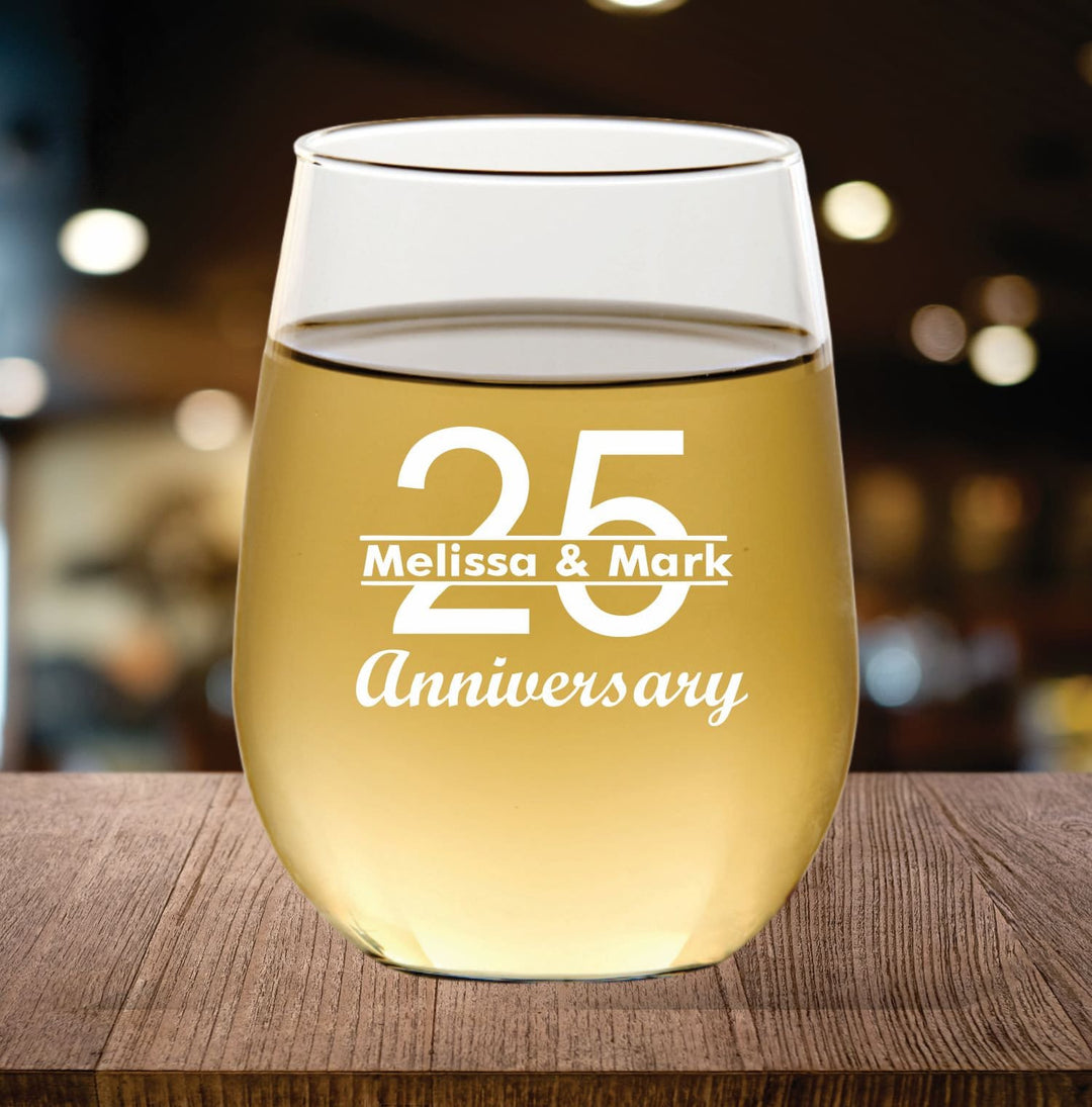 12 Pcs Stemless Wine Glass 25th Anniversary Favors, Anniversary Favor, Wine Glasses, Engraved Party Favors, Mom and Dad gifts, Husband Wife