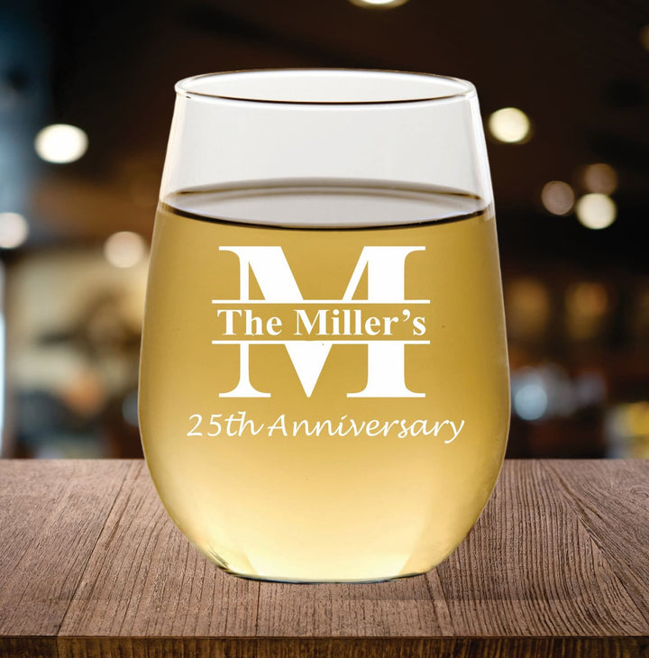 Personalized 12 pcs 25th Anniversary Stemless Wine Glass Favors, Custom 25 Years Favor, Engraved Wine Glasses, Wedding Anniversary Mom & Dad