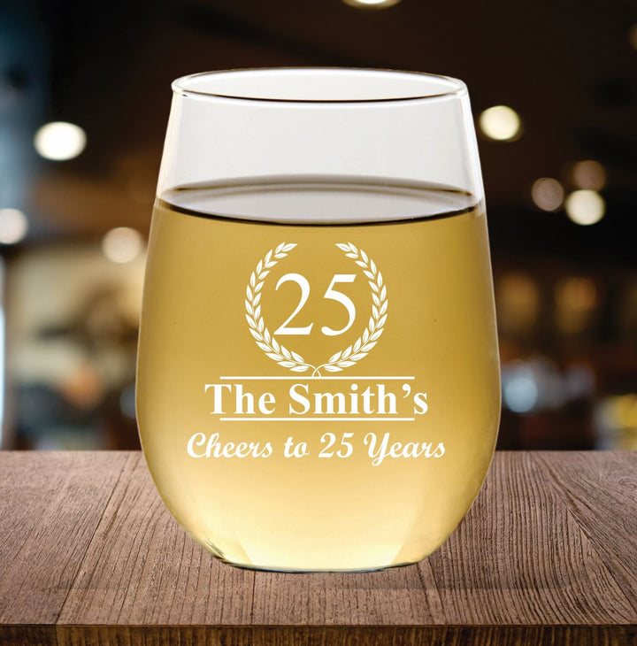 Personalized 12 pcs 25th Anniversary Stemless Wine Glass Favors, Custom 25 Years Favor, Engraved Wine Glasses, Wedding Anniversary Mom & Dad