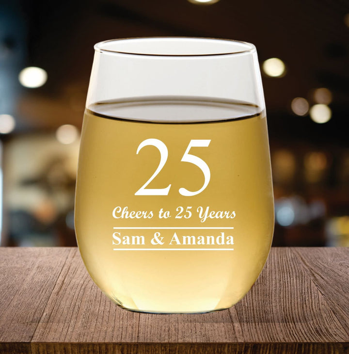 12 Pcs Stemless Wine Glass 25th Anniversary Favors, Anniversary Favor, Wine Glasses, Engraved Party Favors, Mom and Dad gifts, Husband Wife