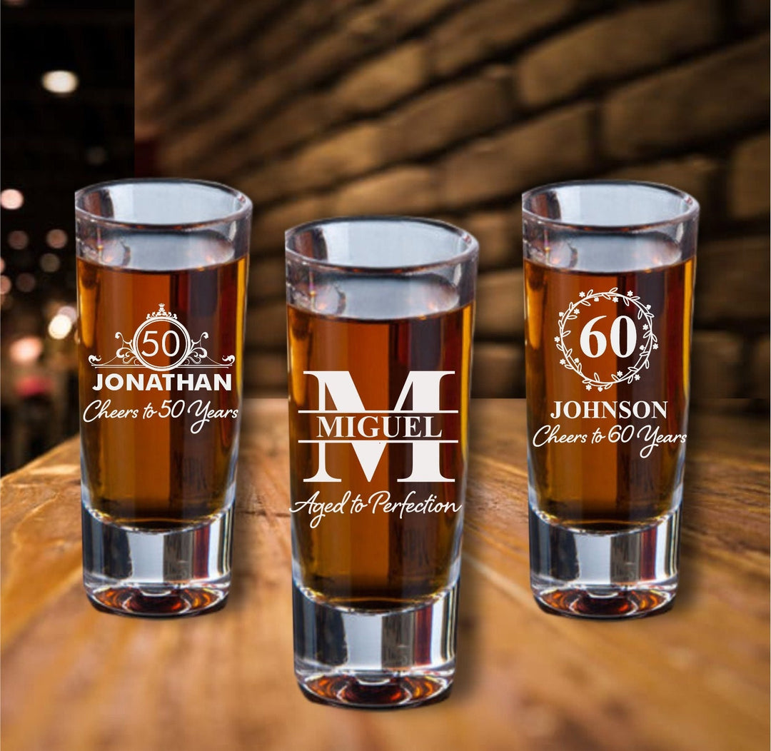 Custom Engraved 12 Pc set of Birthday Shot Glass Favors, Personalized Party Favor for Birthday, Shot Glasses, 40, 30th, 50th, 60th for him
