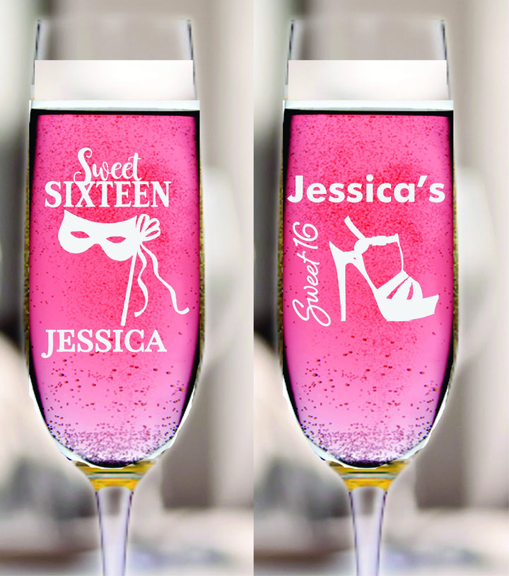 Set of 12 Custom Sweet 16 Champagne Glass Favors, 16th Birthday Party Favor, Engraved Stem Champagne Flutes, Champagne Party Favor Gift