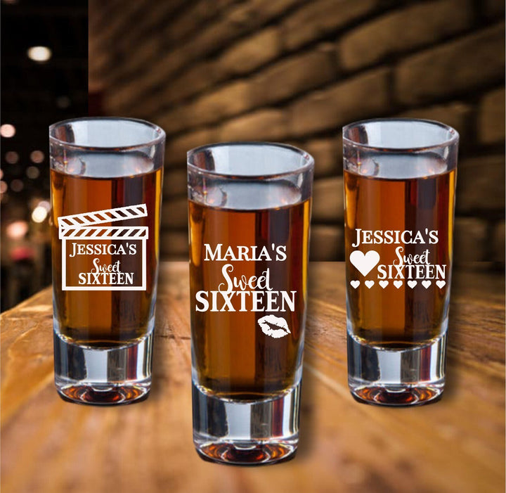 Personalized 12 pc Sweet 16 Shot Glass Favors, Custom Sweet Sixteen Favor, Engraved Shot Glasses, 16th Birthday Party Favor, Sweet 15 Favors