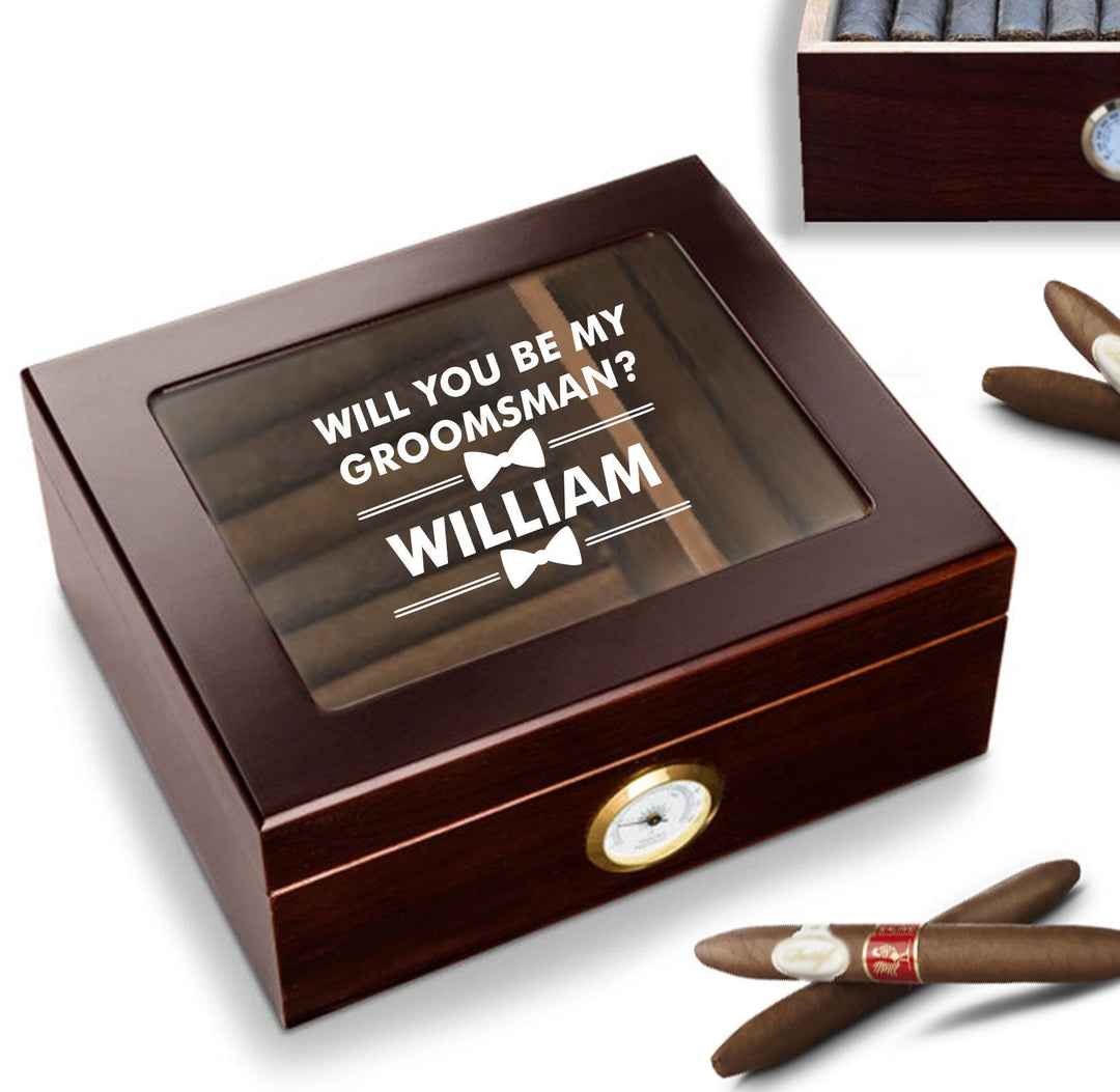 Personalized Bachelor Party Cigar Gifts, Set of 4 Cigar Humidor Gift, Groomsmen Proposal Humidor Box, Engraved Wood Cigar Holder Groomsman