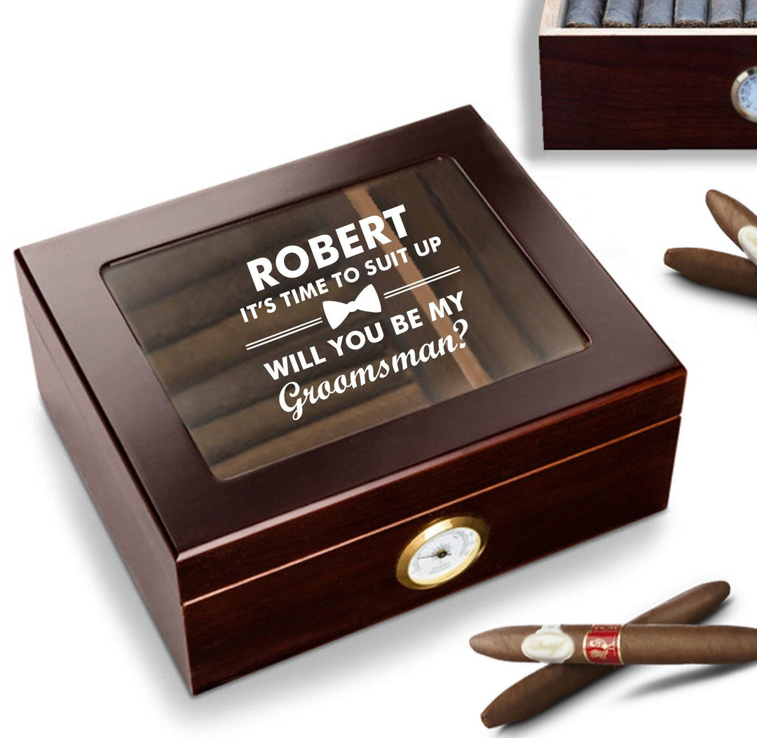 Personalized Bachelor Party Cigar Gifts, Set of 4 Cigar Humidor Gift, Groomsmen Proposal Humidor Box, Engraved Wood Cigar Holder Groomsman