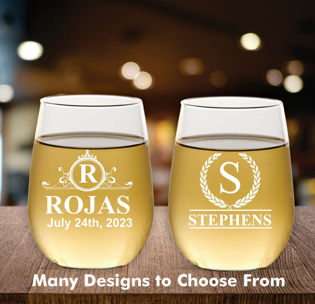 Custom 12 Pc Set Stemless Wine Glass Wedding Favors, Personalized Wedding Party Favors, Engraved Stemless Wine Glasses, Wine Glass Favor