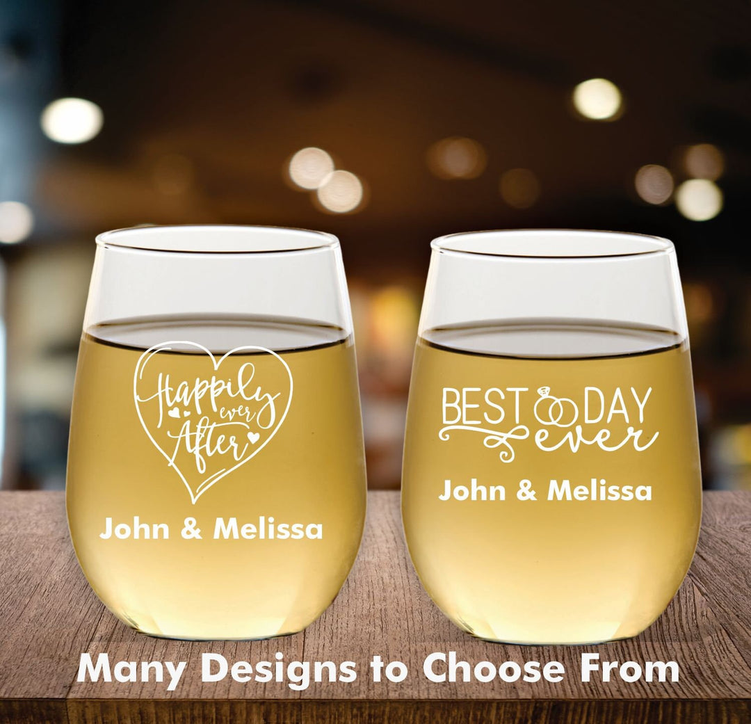 Custom 12 Pc Set Stemless Wine Glass Wedding Favors, Personalized Wedding Party Favors, Engraved Stemless Wine Glasses, Wine Glass Favor