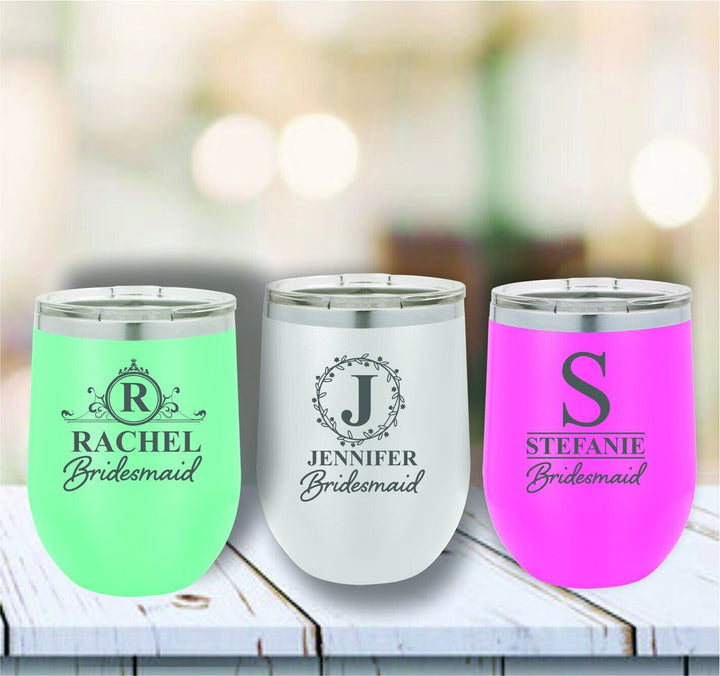 Personalized Bridesmaid Stemless Wine Tumbler, Bridal Party Insulated Tumblers, Bridesmaid Proposal Gift, Custom Engraved Bridesmaid Gifts