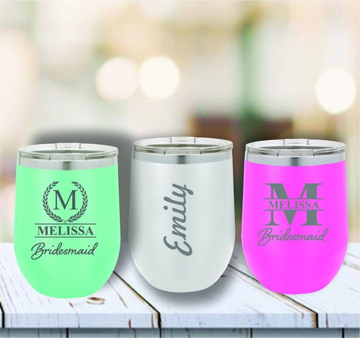 Personalized Bridesmaid Stemless Wine Tumbler, Bridal Party Insulated Tumblers, Bridesmaid Proposal Gift, Custom Engraved Bridesmaid Gifts