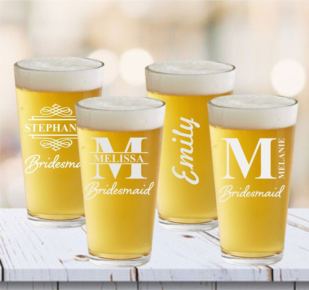 Personalized Bachelorette Party Beer Glass, Set of 4 Glasses, Bridesmaid Proposal Pint Glass Gift, Bridesmaid Gifts, Maid of Honor, Bride