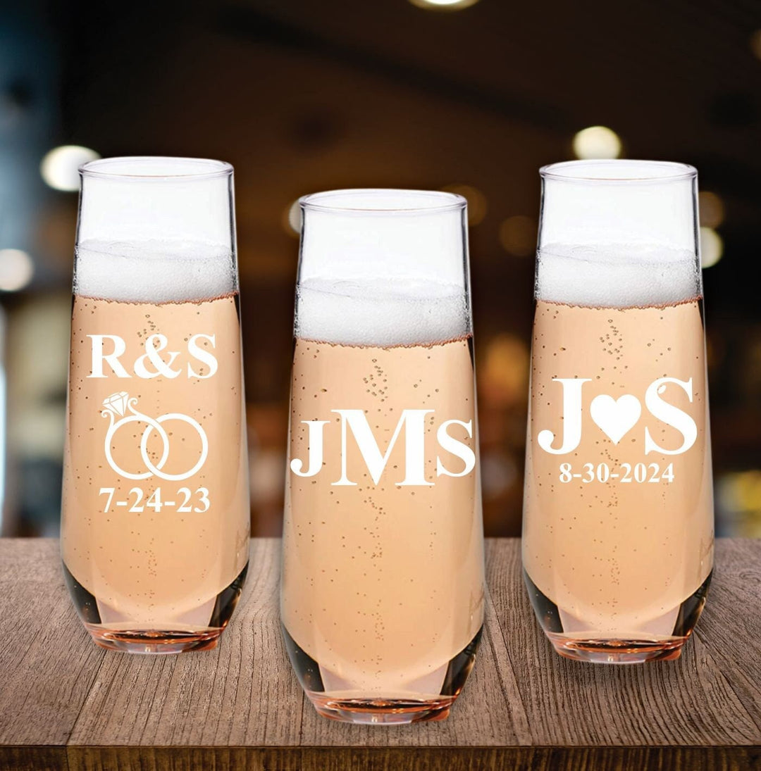 Personalized Wedding Stemless Champagne Favors, Custom Wedding Favor, Stemless Champagne Glasses, Wedding Party Favors, Toasting Flutes