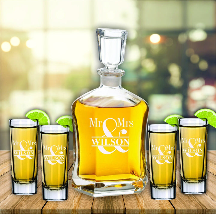 Custom Engraved Shot Glass Sets, Wedding Gifts For Couples, Personalized Tequila Decanter Set, Bridal Shower Gift, Custom Wedding Gifts