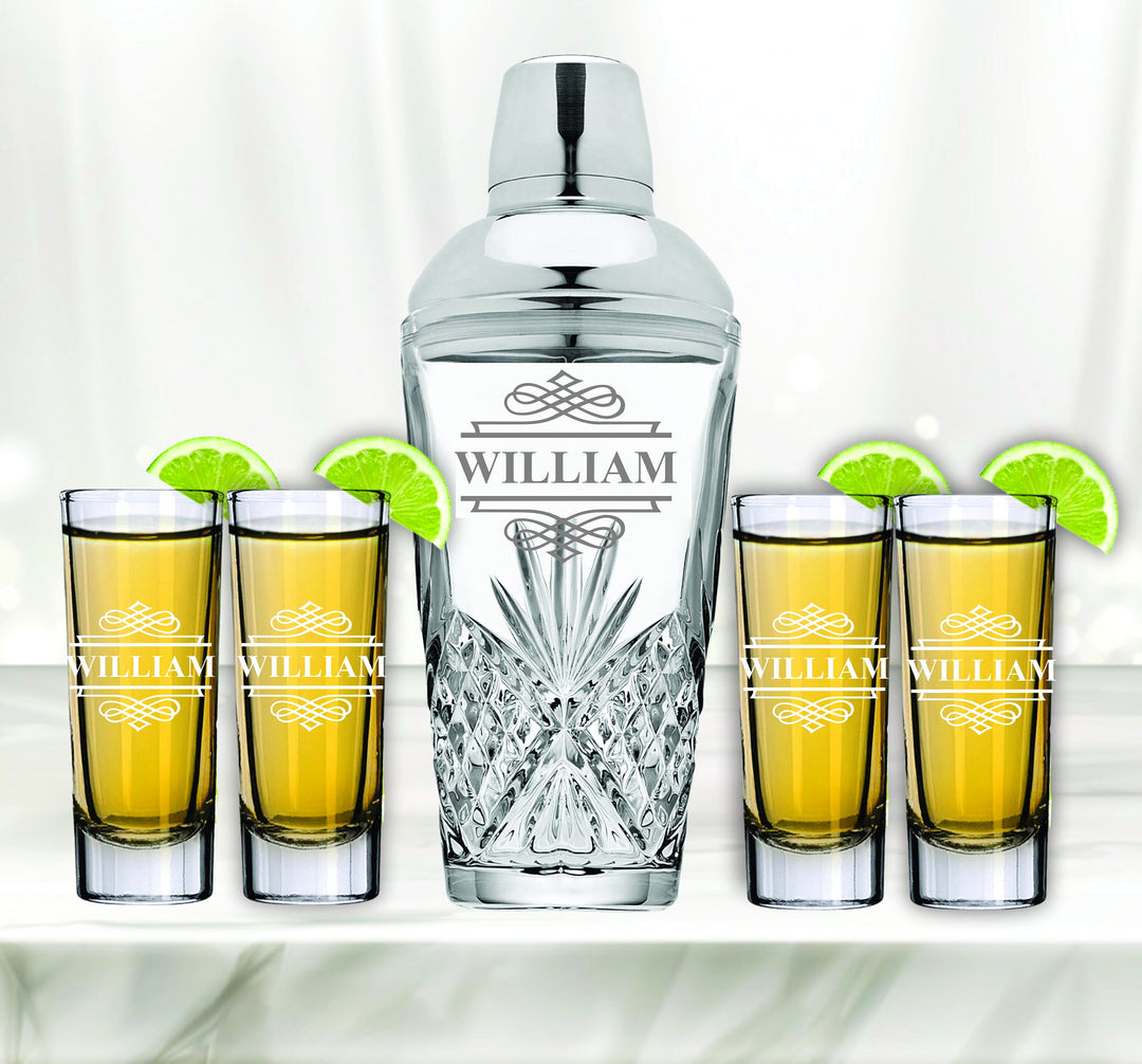 Wedding Gifts Shot Glasses Set, Engraved Crystal Cocktail Shaker, Personalized Margarita Cocktail Shaker, Unique Gifts for Couples, Bridal