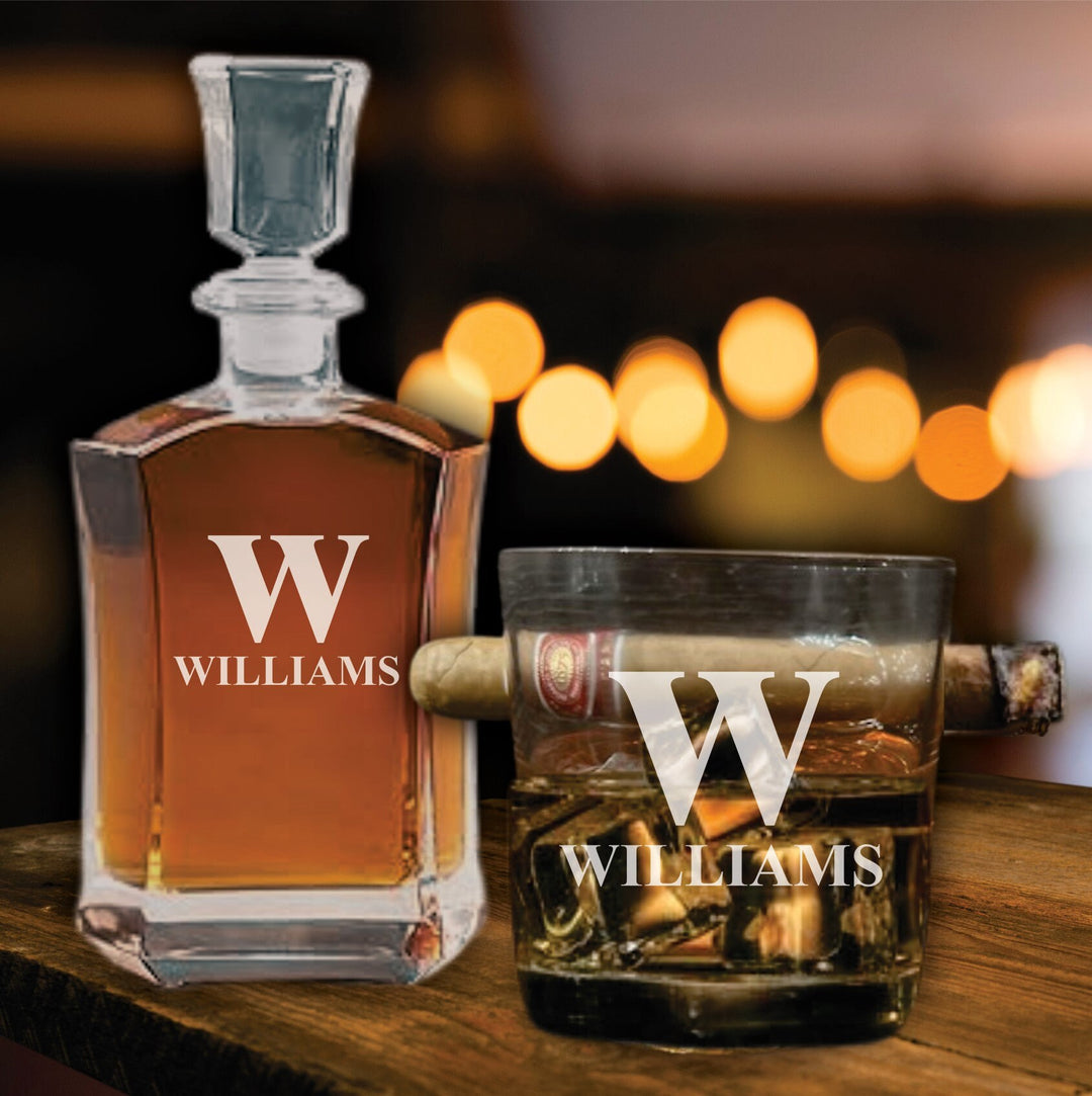 Personalized Gift for Men, Whiskey Decanter Set, Bourbon Glass Cigar Holder, Engraved Decanter, Birthday Gift For Him, Cigar Gift For Dad