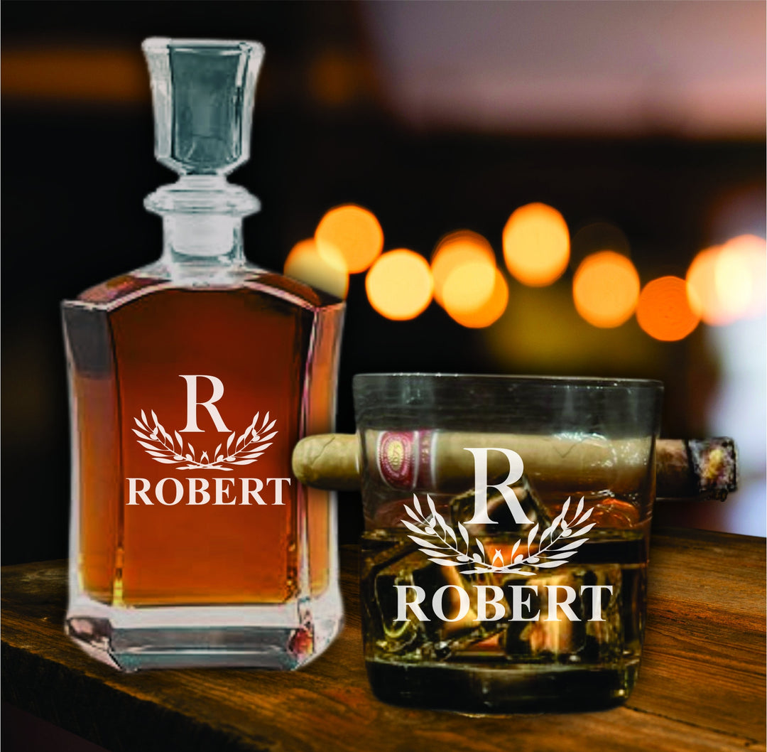 Whiskey Decanter Personalized, Bourbon Glass Cigar Holder, Custom Engraved Decanter, Whiskey Gift For Him, Gift for Man, Cigar Gift For Dad
