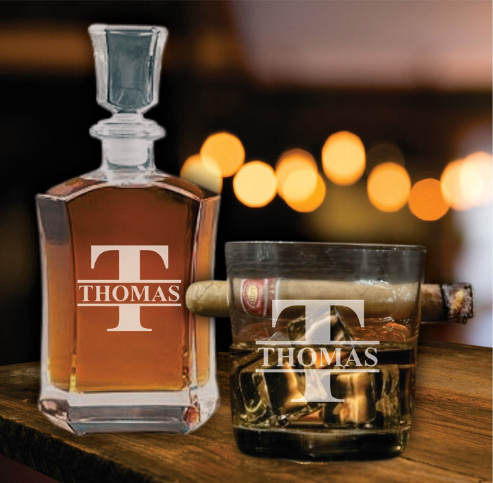 Whiskey Decanter Personalized, Bourbon Glass Cigar Holder, Custom Engraved Decanter, Whiskey Gift For Him, Gift for Man, Cigar Gift For Dad