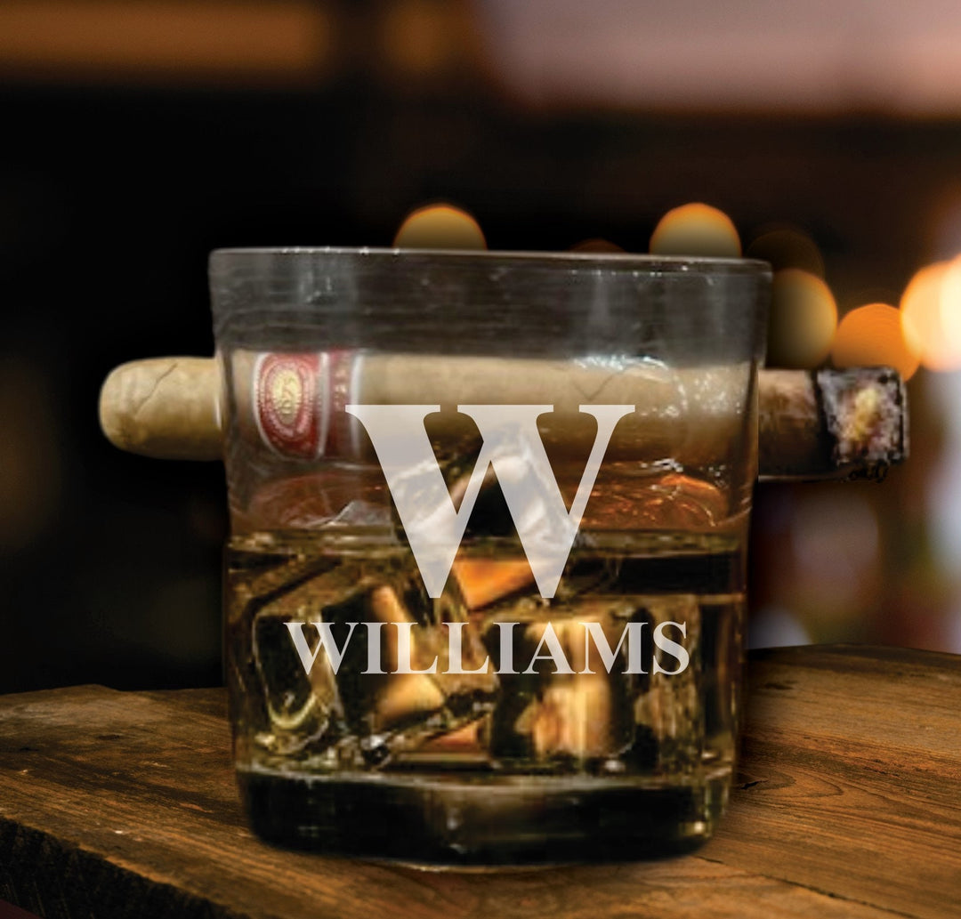 Personalized Cigar Gift for Men, Whiskey Glass Set, Bourbon Glass Cigar Holder, Engraved Rocks Glass, Birthday Gift Him, Cigar Gift For Dad