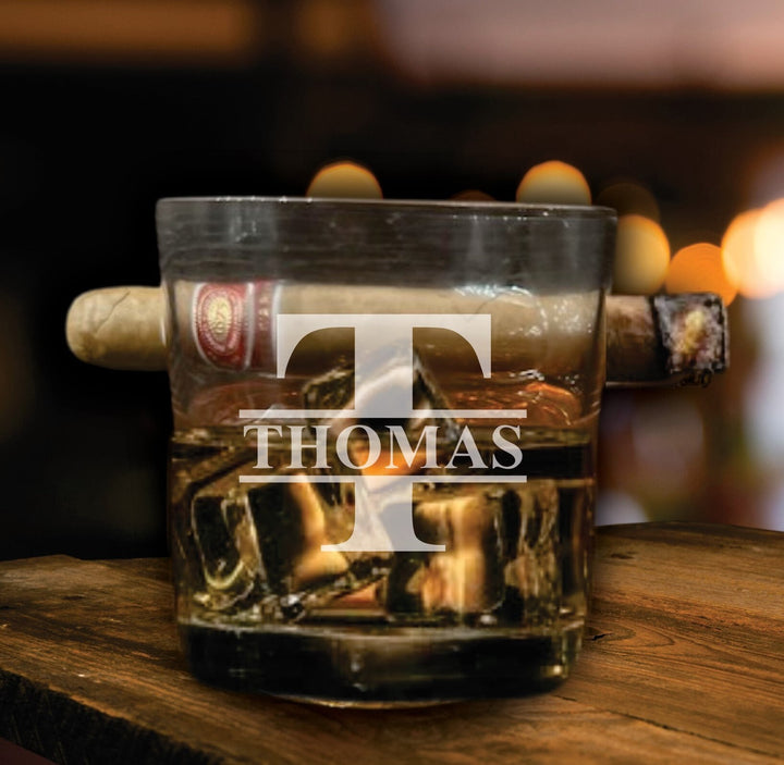 Personalized Bourbon Glass Cigar Holder, Custom Engraved Rocks Glass, Whiskey Gift For Him, Gift for Man, Cigar Gift For Dad, Cigar Gifts