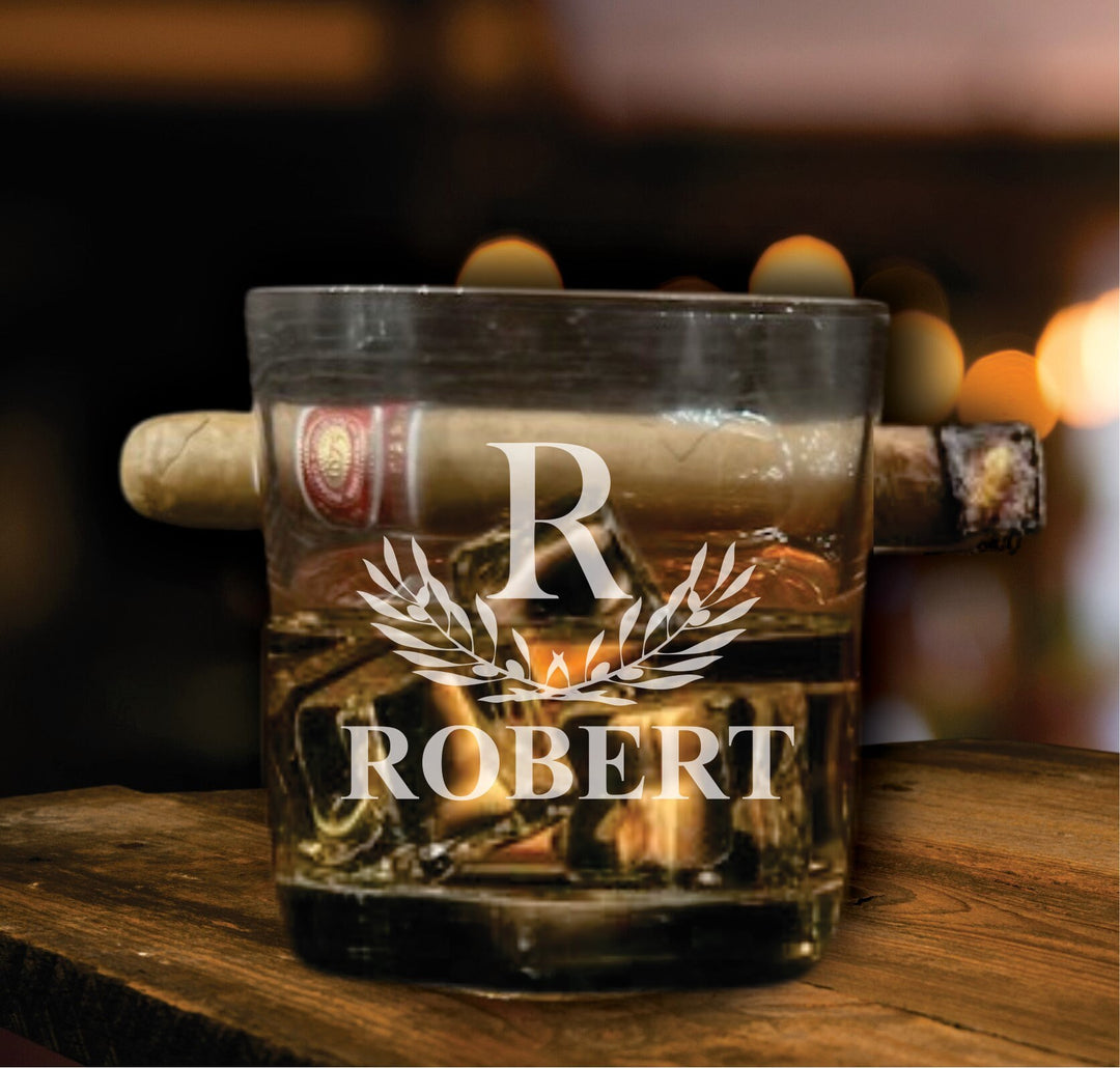 Personalized Bourbon Glass Cigar Holder, Custom Engraved Rocks Glass, Whiskey Gift For Him, Gift for Man, Cigar Gift For Dad, Cigar Gifts