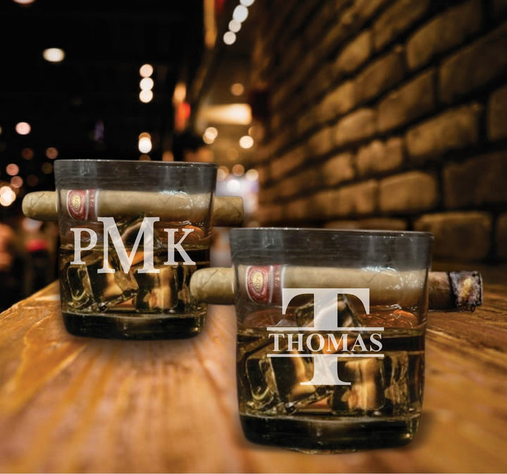 Personalized Bourbon Glass Cigar Holder, Custom Engraved Rocks Glass, Whiskey Gift For Him, Gift for Man, Cigar Gift For Dad, Cigar Gifts