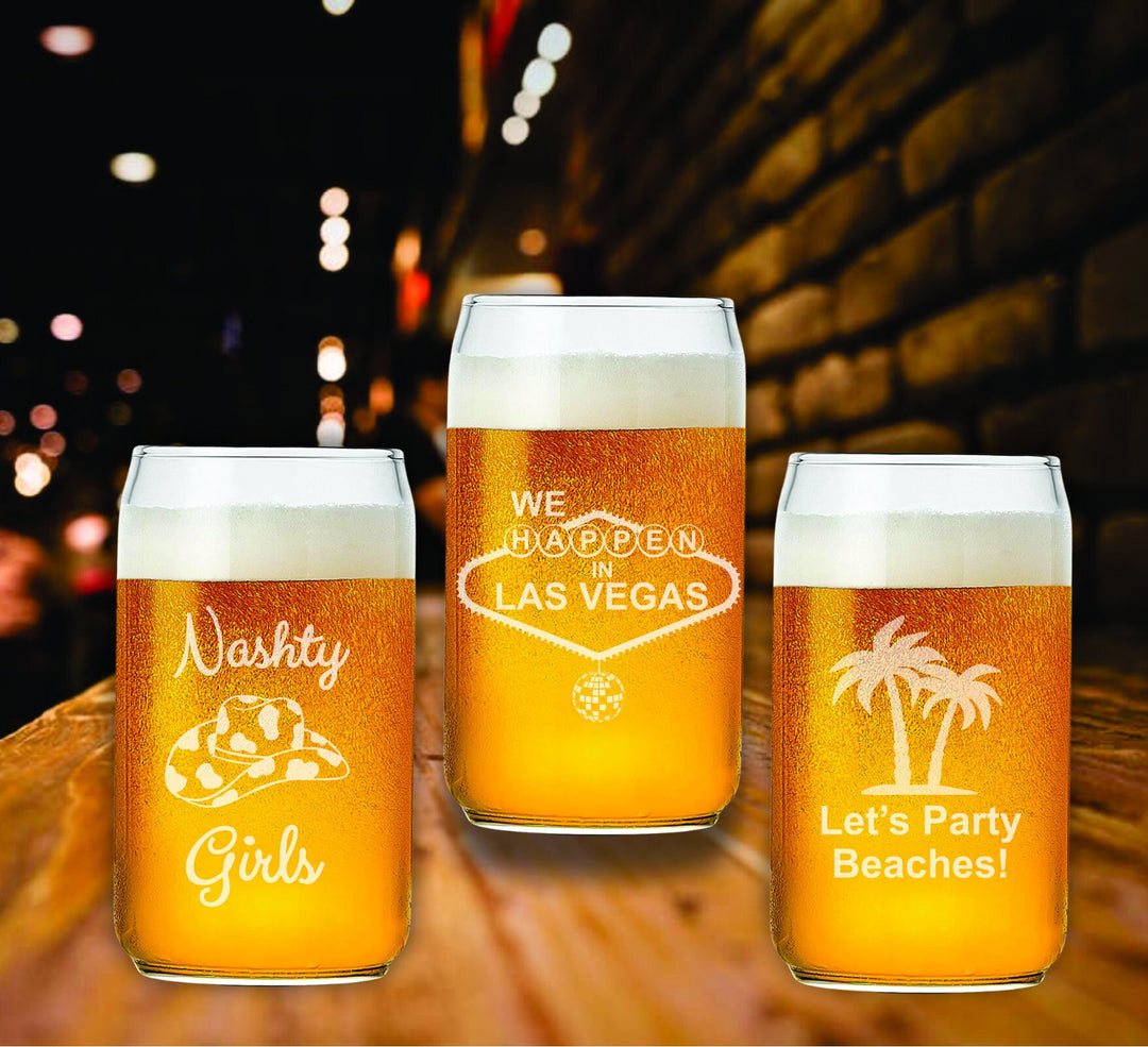 Beer Can Glasses for Nashville Bach Party, Personalized Gifts for Bachelorette Party, Party Favors, Bridesmaid Gifts, Engraved Glasses